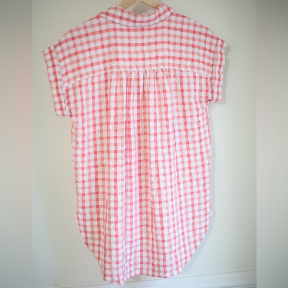 LOFT Pink White Plaid Collared Button-Up Blouse | Short Sleeve | XS - Picture 6 of 9